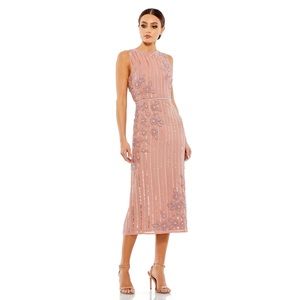 MAC DUGGAL STRIPED FLORAL EMBELLISHED SLEEVELESS MIDI DRESS